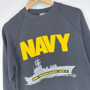 Vintage 90s‎ US Navy Sweatshirt USS Guadalcanal LPH-7 Mens L Faded Black USA